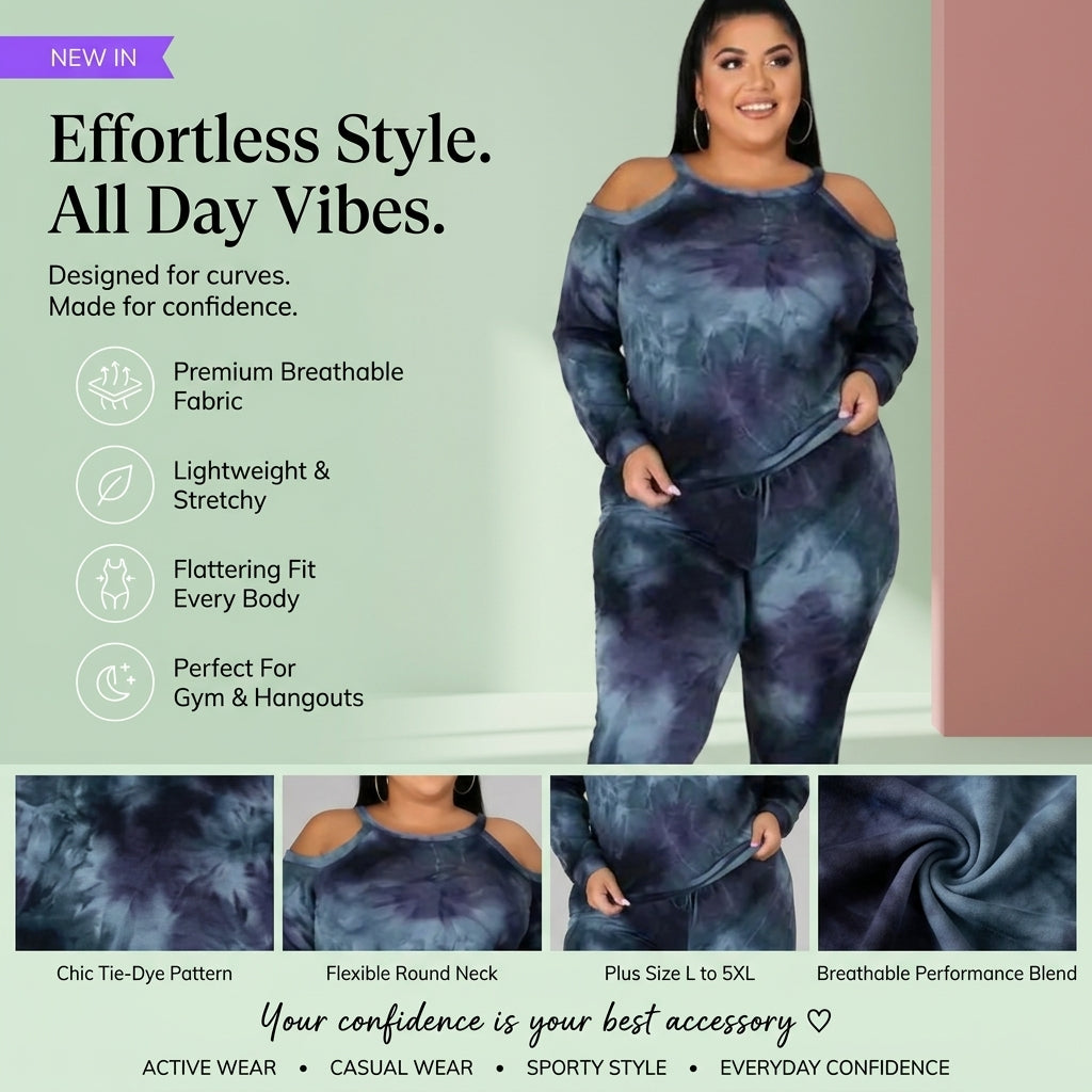 Plus Size Women's Off Shoulder Tie Dye Casual Suit