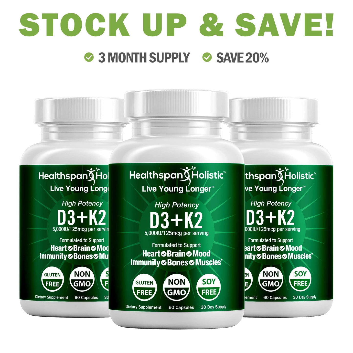 High Potency Vitamin D3 + K2 Supplement 60 Capsules