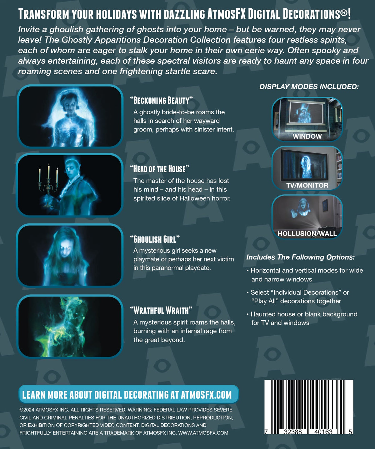 AtmosFX Halloween Digital Decoration USB - Ghostly Apparitions + 5.5 ft x 9 ft Projection Screen