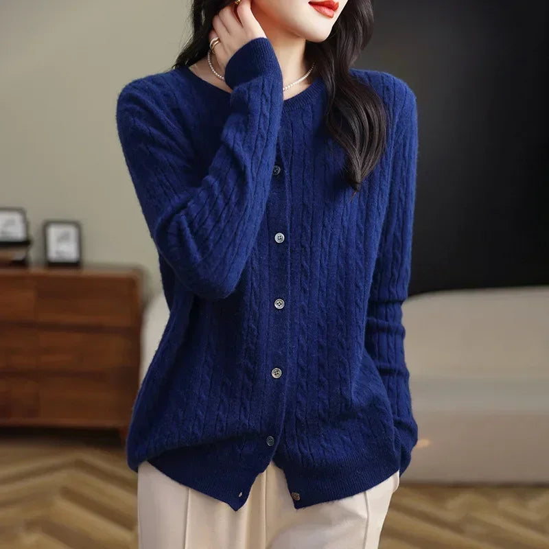 Long Sleeve Knitted O-neck Basic Thick Warm Cardigan