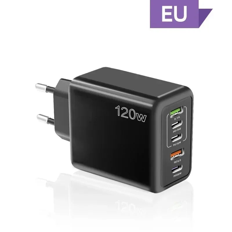 120W Fast Charger USB C Multi Ports PD Quick Charge 3.0 Wall Phone Adapter for iPhone Samsung Huawei Xiaomi Devices