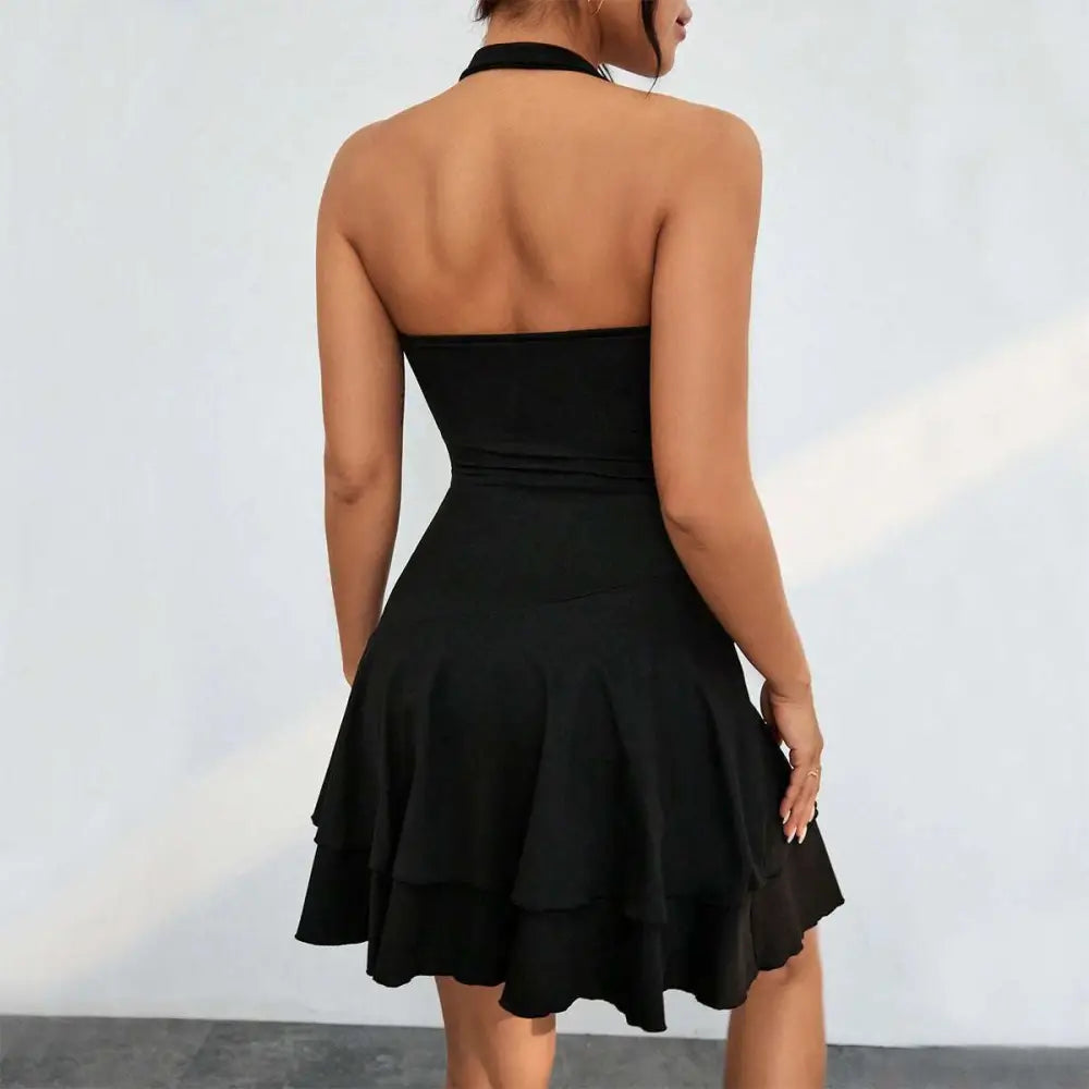 Black Ruffle Sleeveless Backless Dress