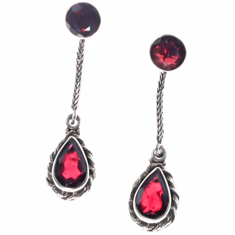 Red Garnet Teardrop Dangle Earrings Sterling Rope Silver