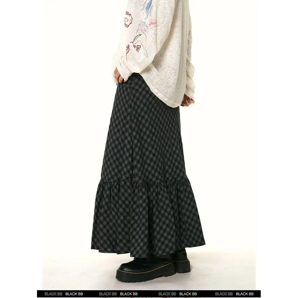 Retro Ruffled Plaid Fishtail Skirt
