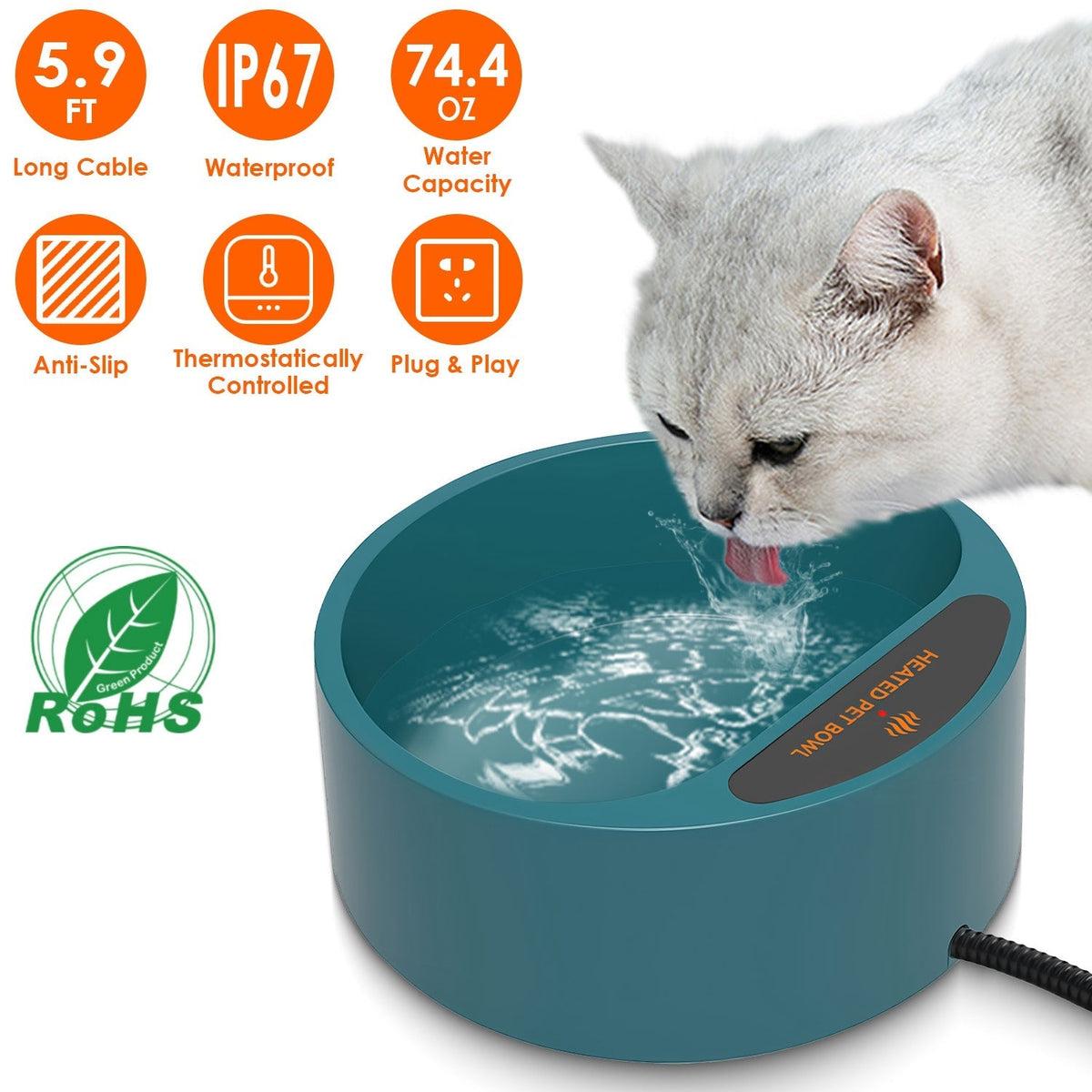Heated Water Bowl for Dog Cat 74.4OZ Heating Water Dish IP67 Waterproof Thermal Water Bowl Heated Pet Bowl Dog Cat Water Feeder Bowl for Dog Cat Rabbi