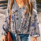 Sky Blue Floral Print Lace Patchwork Knot Front V Neck Blouse
