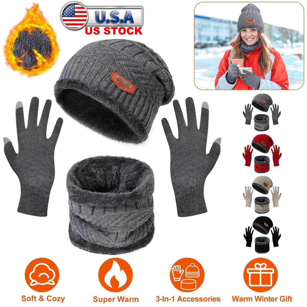Winter Knitted Hat Scarf Gloves 3Pcs Winter Warm Beanie and Touch Screen Gloves Scarf Set Knit Beanie Skull Cap Neck Warmer Mittens for Men Women