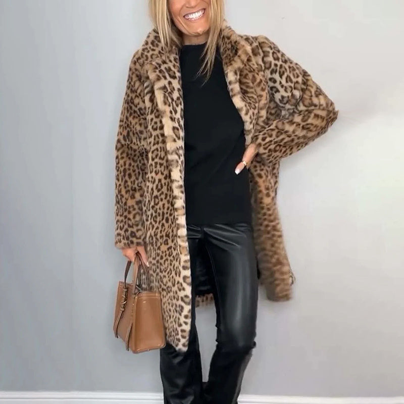 Leopard Print Plush Jacket — Cozy Loose-Fit Mid-Length Outwear