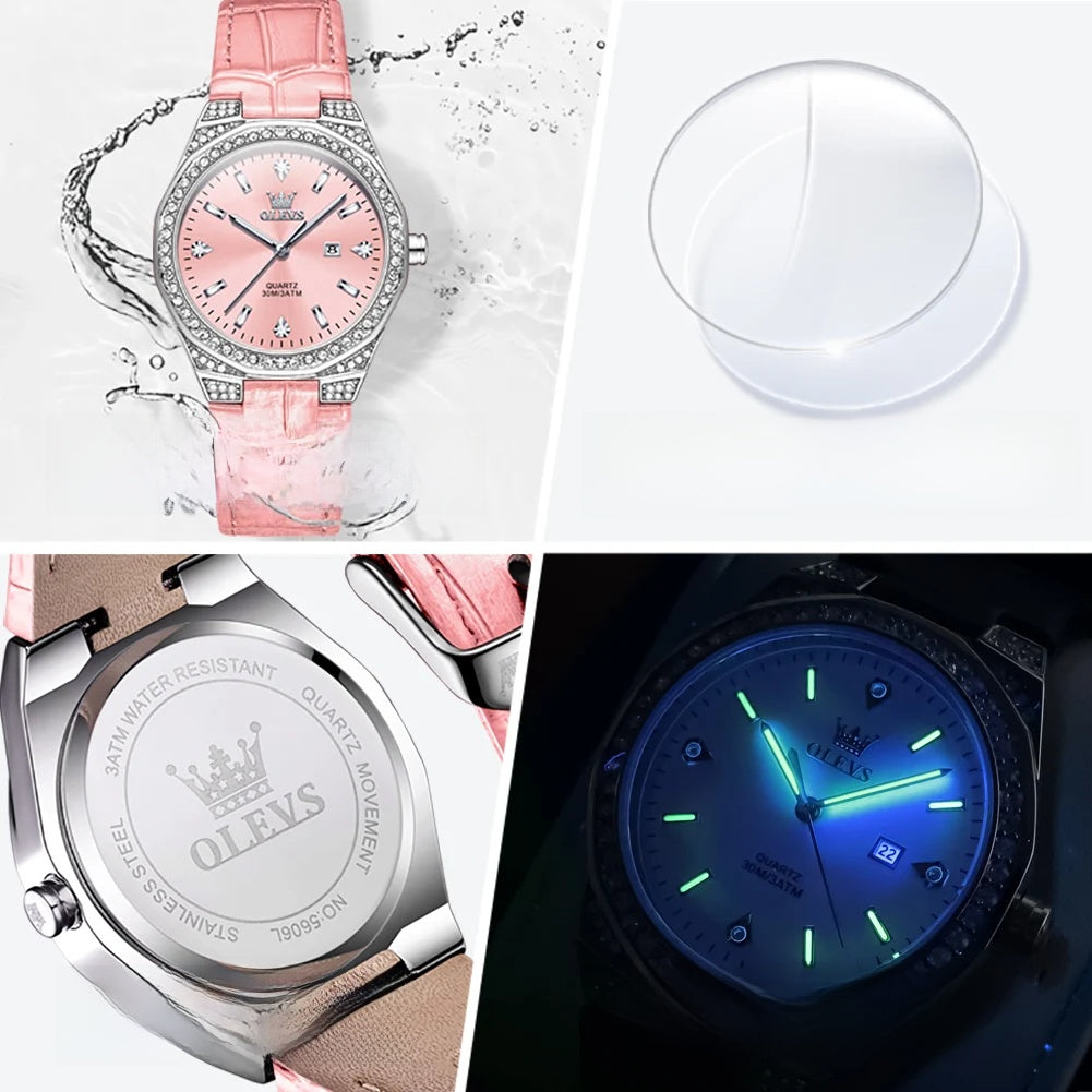 Women's Crystal Bezel Leather Date Watch