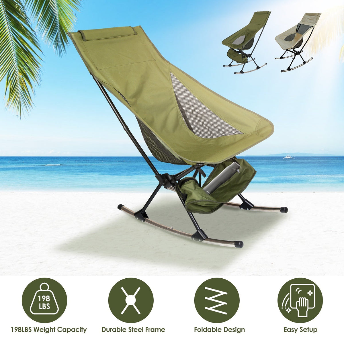 Portable Camping Rocking Chair 198LBS Weight Capacity Included Carry Bag High Back Rocker Chair For Patio Fishing Beach Lawn Travel
