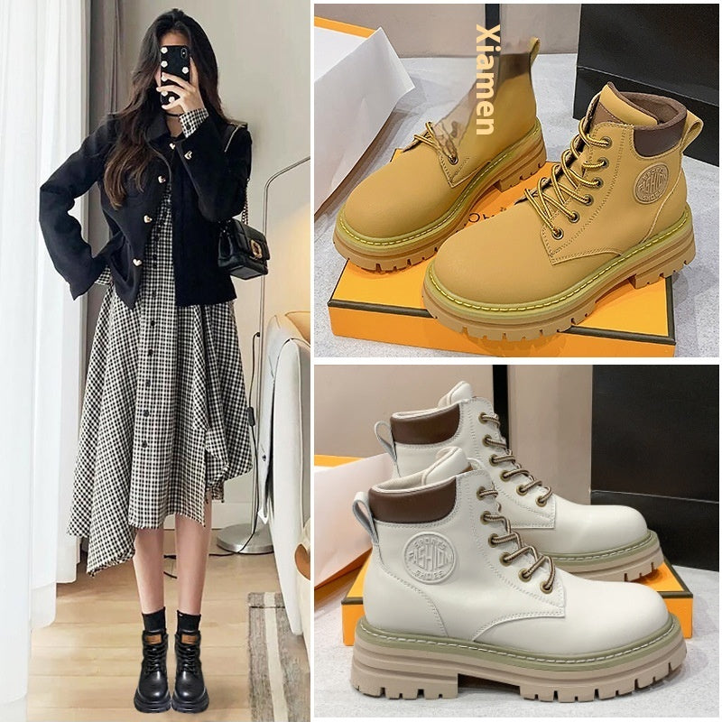 Genuine Leather Elevator Martin Boots Women's Thick Bottom All-matching