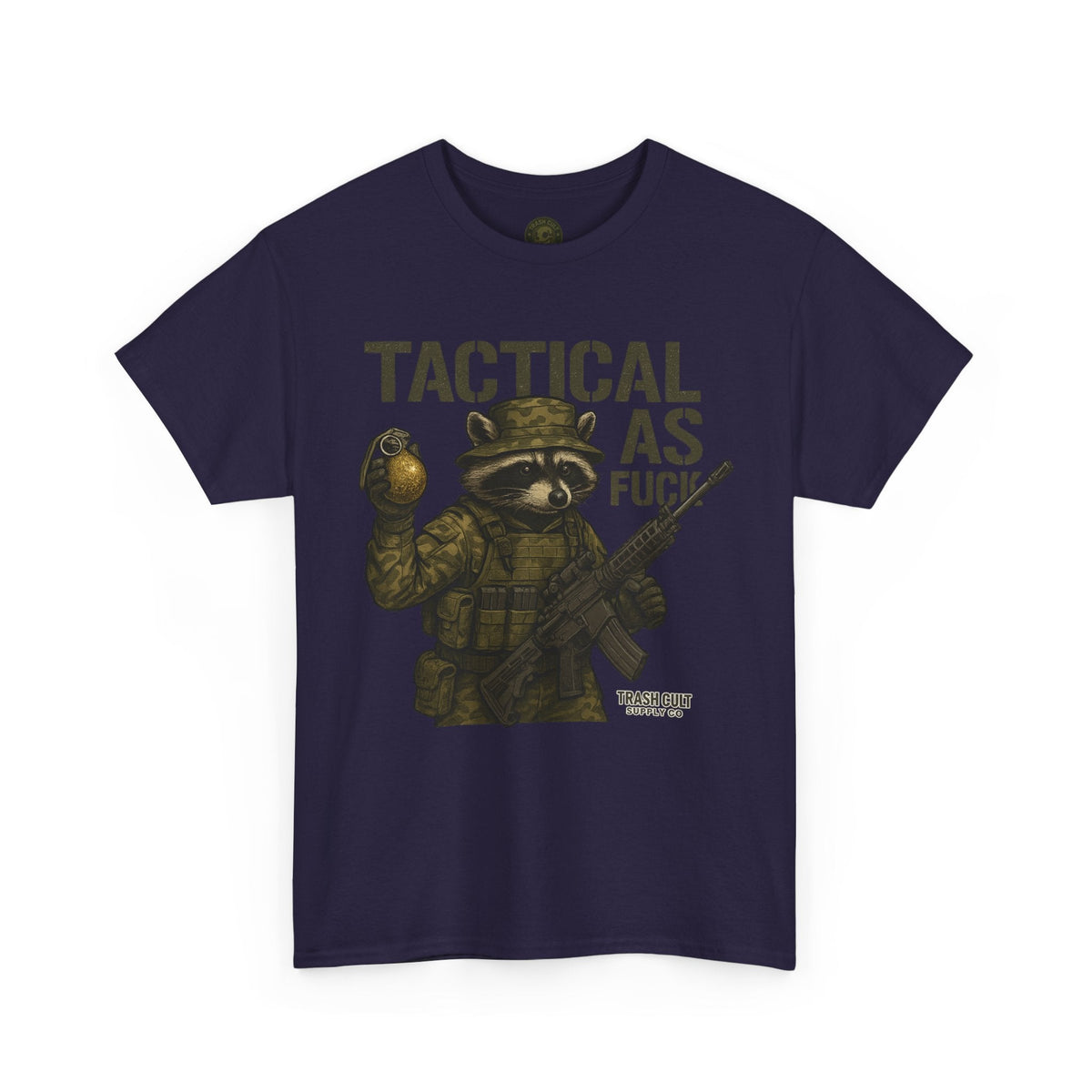 Tactical As F*** T-Shirt – Armed Raccoon Military Humor Tee | Trash Cult Supply Co. | Gildan 5000 Heavy Cotton