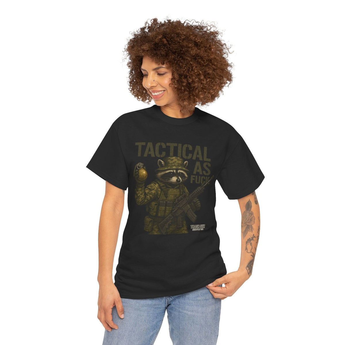 Tactical As F*** T-Shirt – Armed Raccoon Military Humor Tee | Trash Cult Supply Co. | Gildan 5000 Heavy Cotton