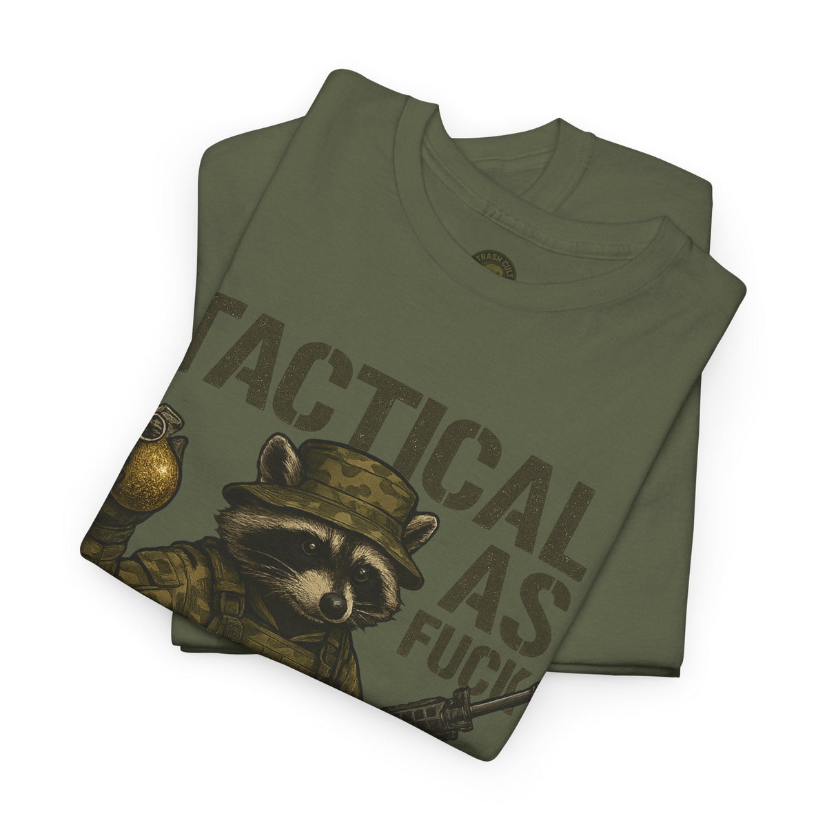 Tactical As F*** T-Shirt – Armed Raccoon Military Humor Tee | Trash Cult Supply Co. | Gildan 5000 Heavy Cotton