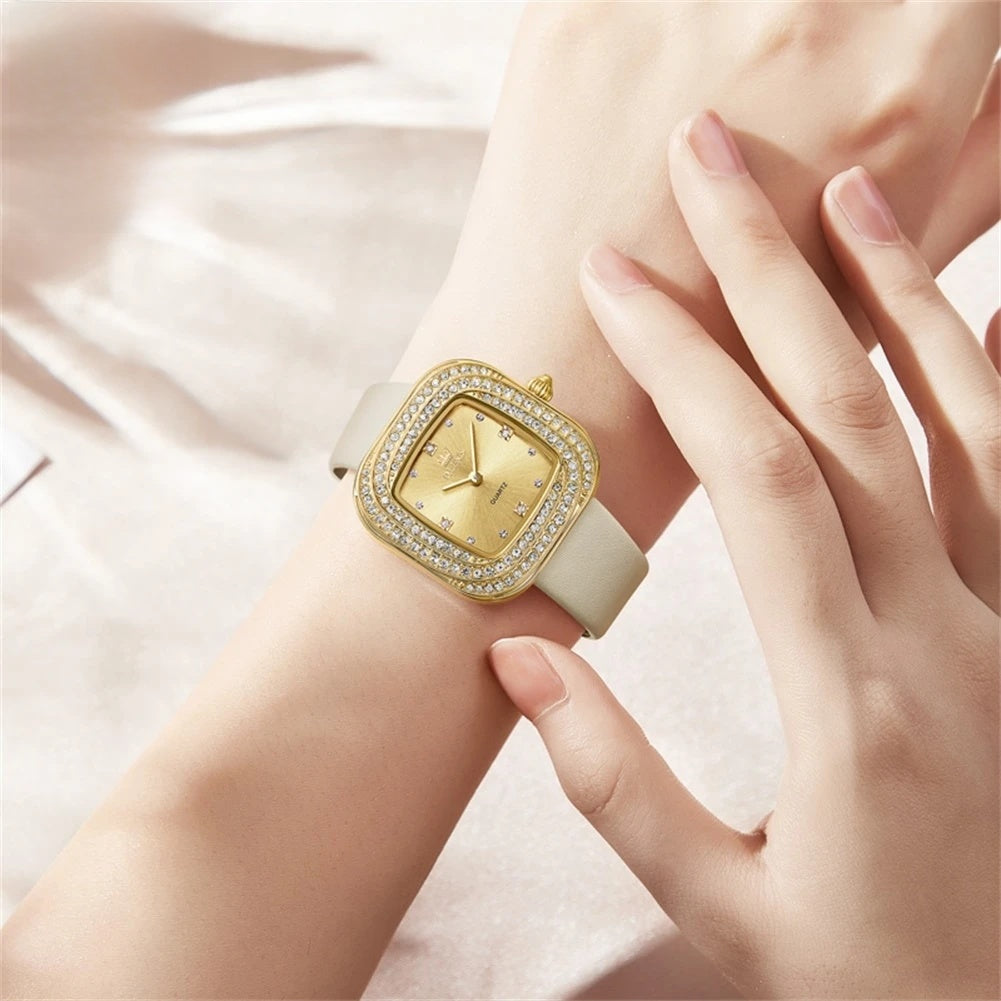 Women's Square Crystal Bezel Leather Watch