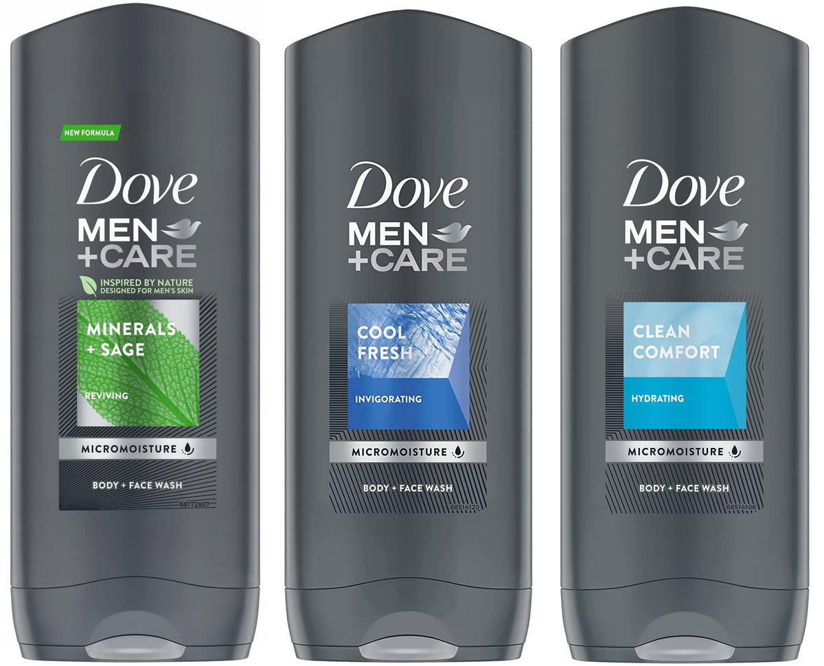 Dove Men + Care Body and Face Wash Variety 3 Flavors - Clean Comfort Cool Fresh and Minerals + Sage - 13.5 Oz (400ml) Total: 40.5 Ounce
