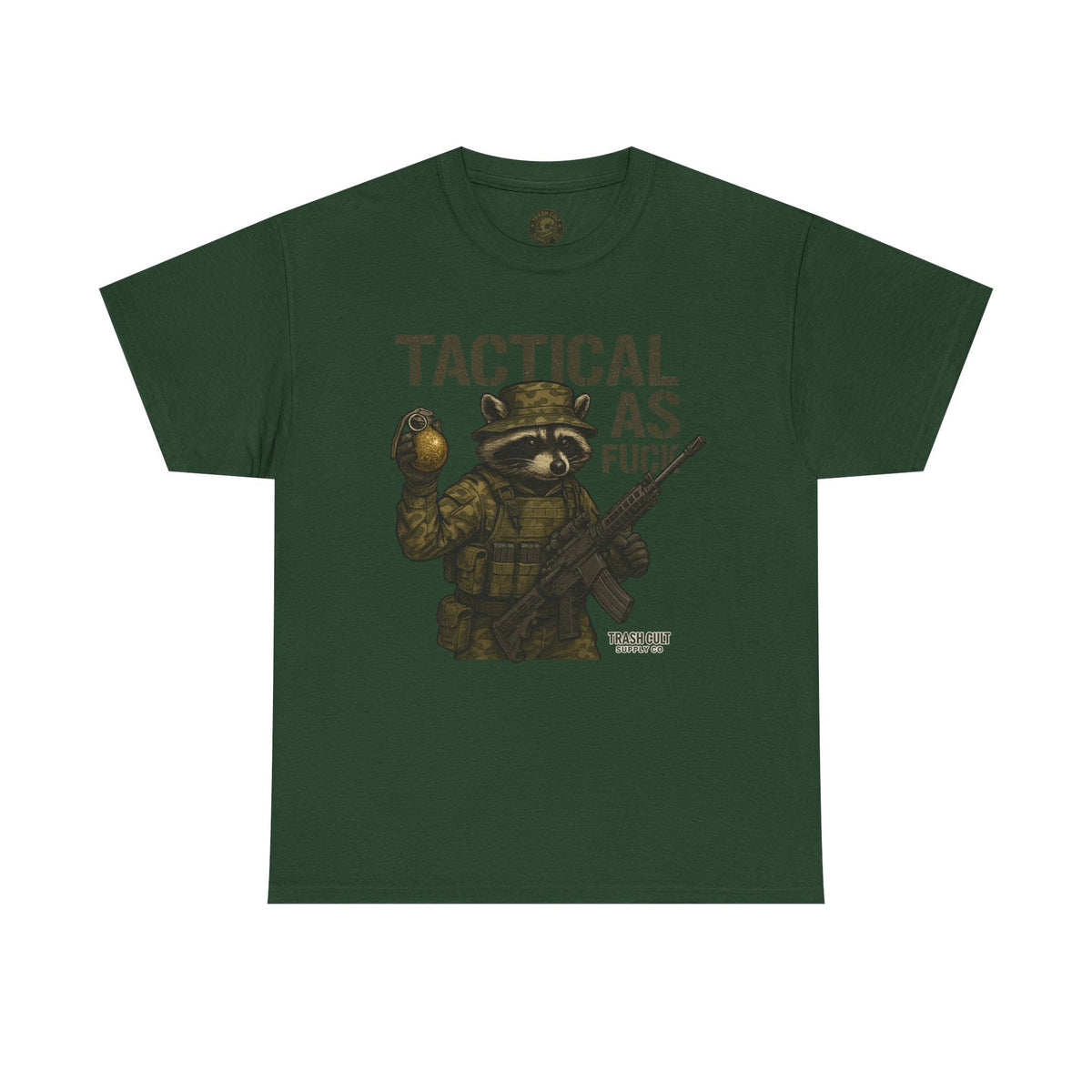 Tactical As F*** T-Shirt – Armed Raccoon Military Humor Tee | Trash Cult Supply Co. | Gildan 5000 Heavy Cotton