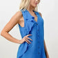 Silk Sleeveless Ruffle Blouse - Asymmetrical Button-Up Top in Orange & Blue | Femstylo