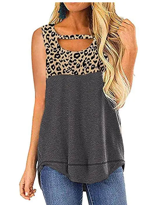Women's Sleeveless Color Block Leopard Print Top