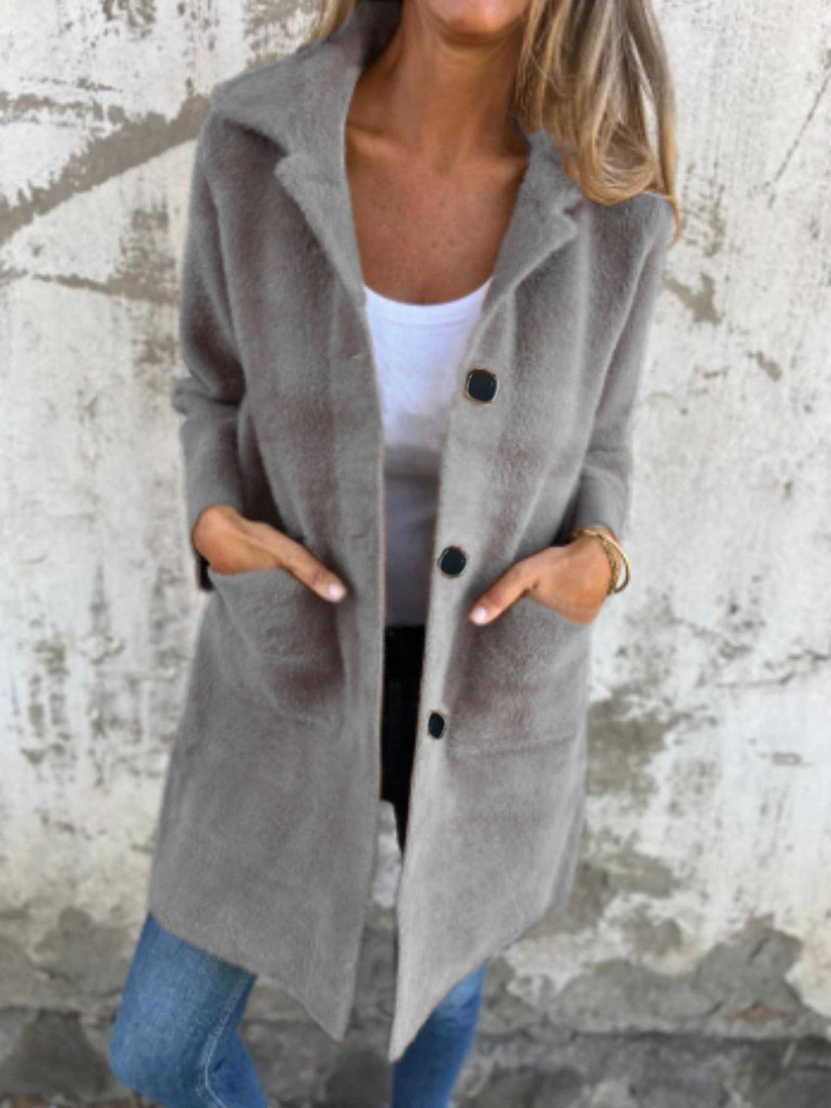 Single-breasted Polo Collar Pocket Mid-length Coat