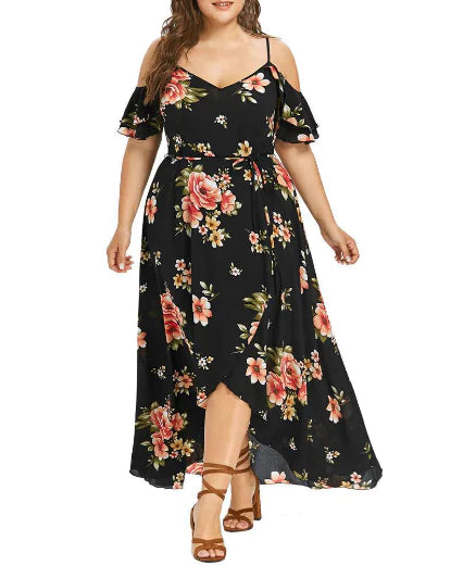 Plus Size Long Sleeve Floral Off-Shoulder Dress