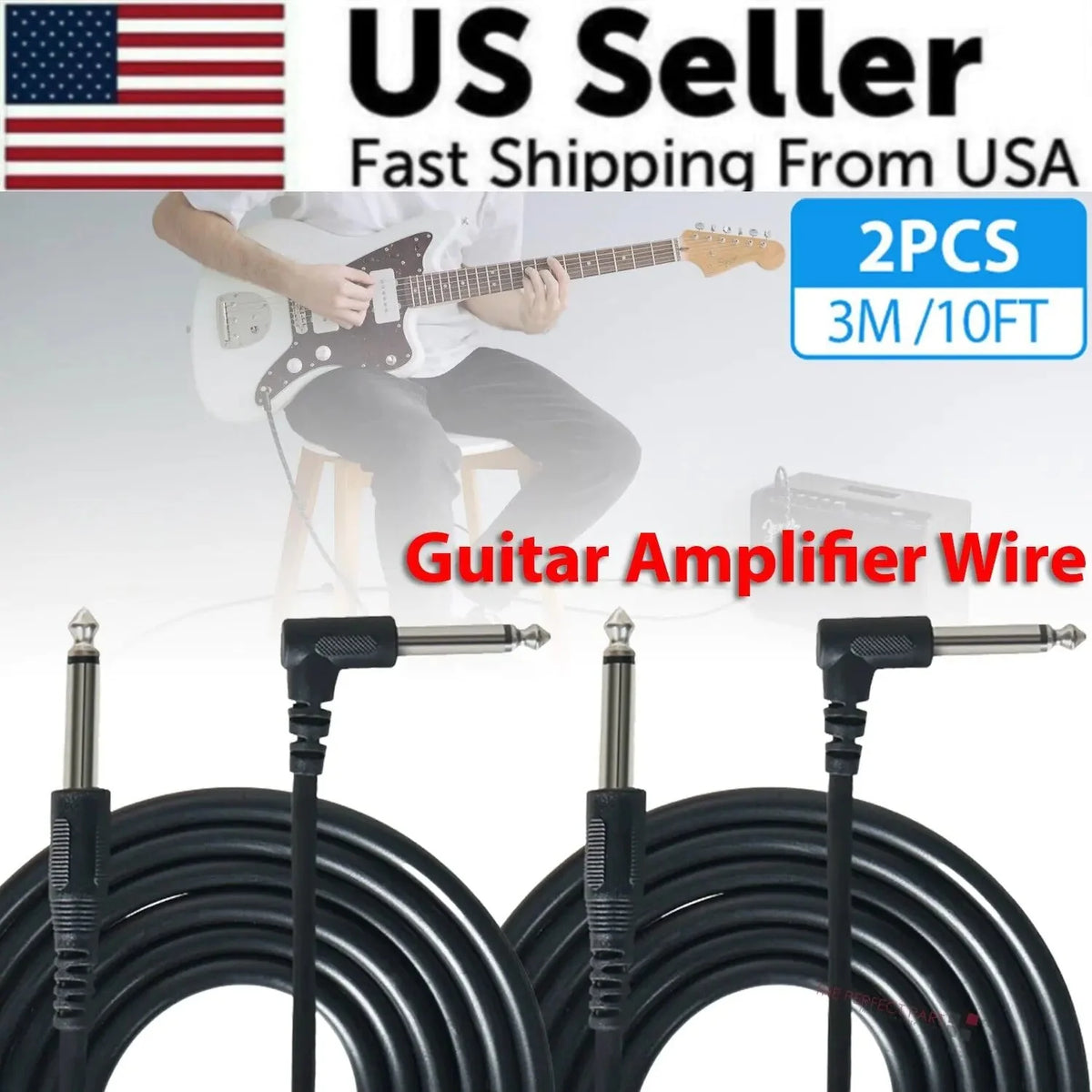 2 PACK 10FT Electric Patch Cord Guitar Amplifier Amp Cable Right Angle 90 Degree