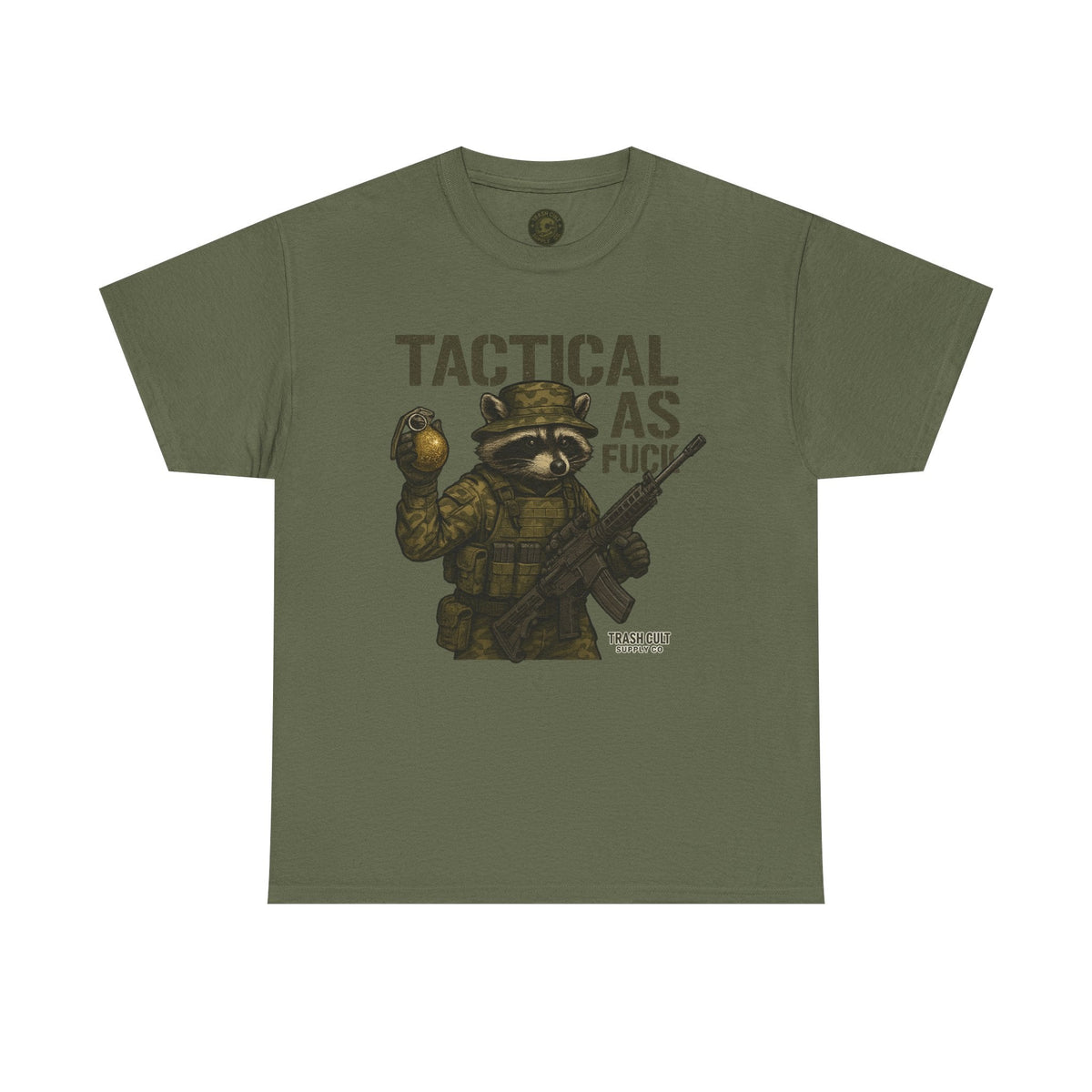 Tactical As F*** T-Shirt – Armed Raccoon Military Humor Tee | Trash Cult Supply Co. | Gildan 5000 Heavy Cotton