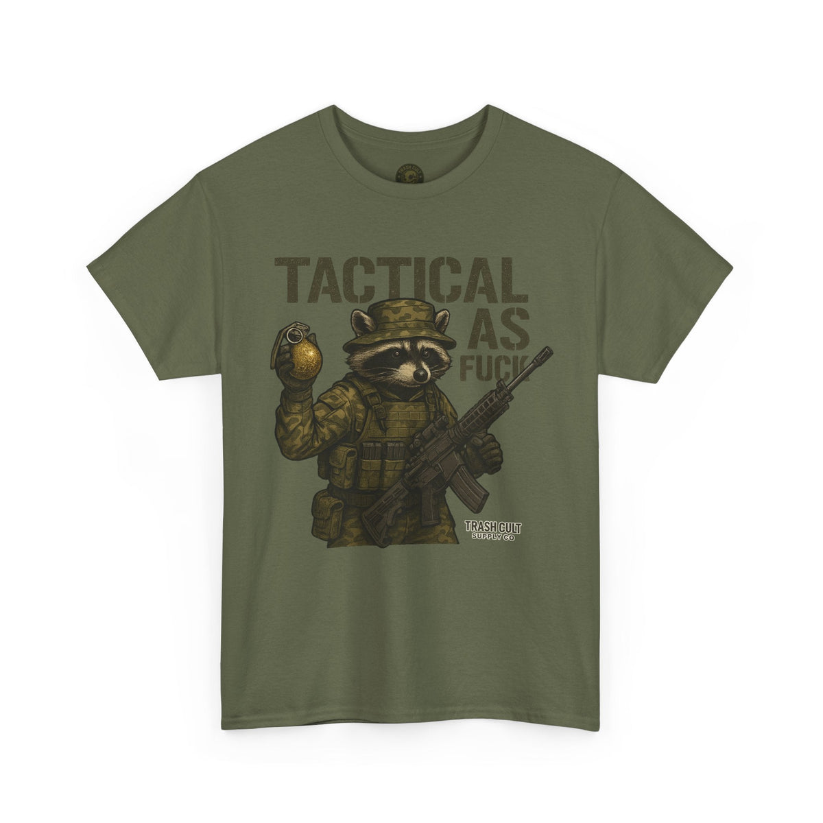 Tactical As F*** T-Shirt – Armed Raccoon Military Humor Tee | Trash Cult Supply Co. | Gildan 5000 Heavy Cotton