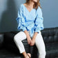 Gathered 3/4 sleeve Wrap Blouse In Blue For Women | Femstylo