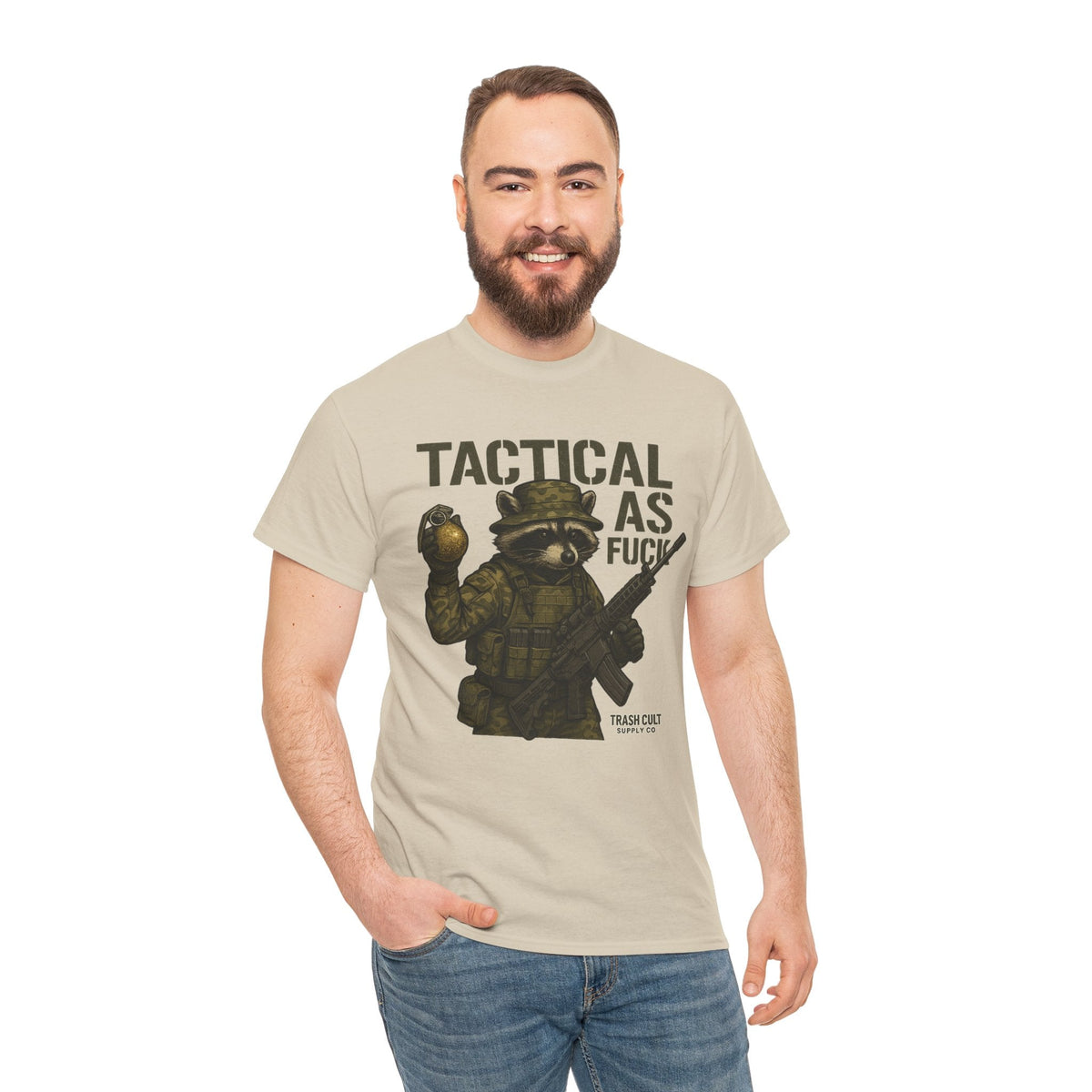 Tactical As F*** T-Shirt – Armed Raccoon Military Humor Tee | Trash Cult Supply Co. | Gildan 5000 Heavy Cotton