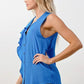Silk Sleeveless Ruffle Blouse - Asymmetrical Button-Up Top in Orange & Blue | Femstylo