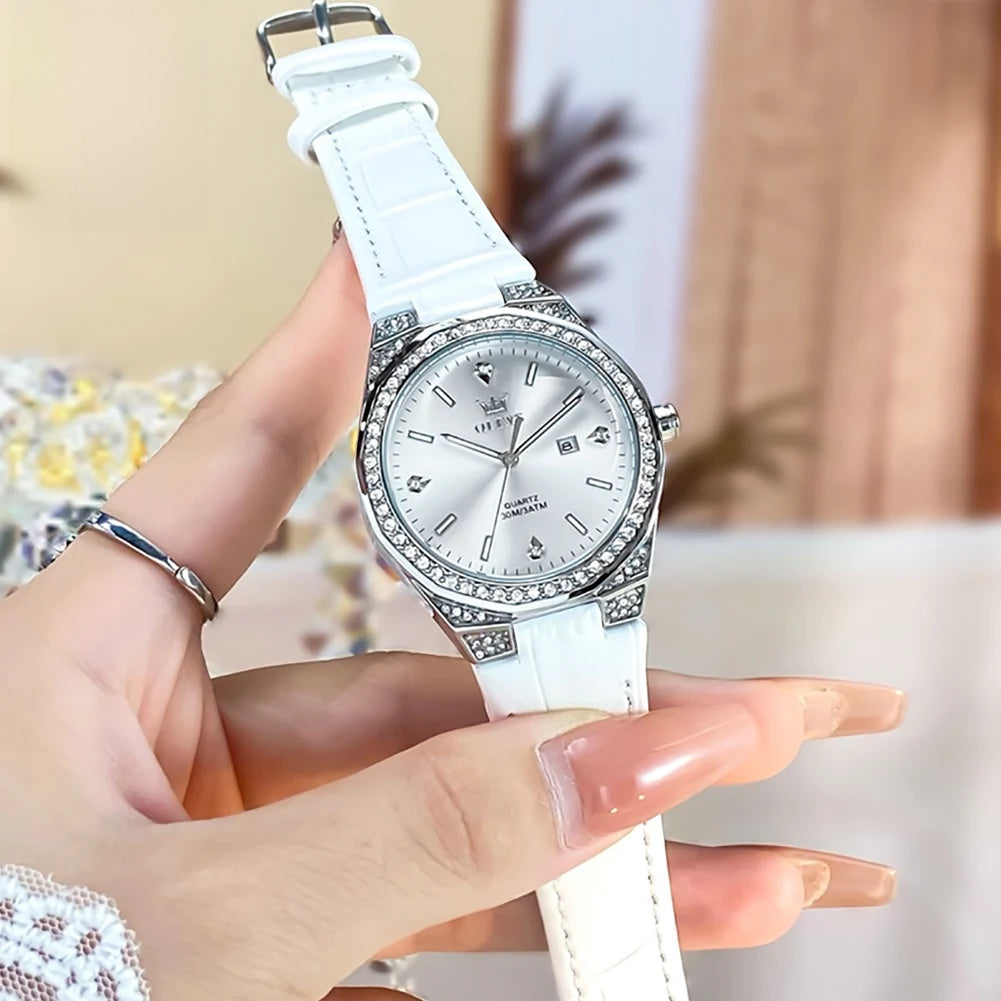 Women's Crystal Bezel Leather Date Watch
