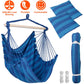 Hammock Hanging Chair Canvas Porch Patio Swing Seat Portable Camping Rope Seat Wooden Stick Hammock Chair with 2 Pillows 265LBS Load-bearing