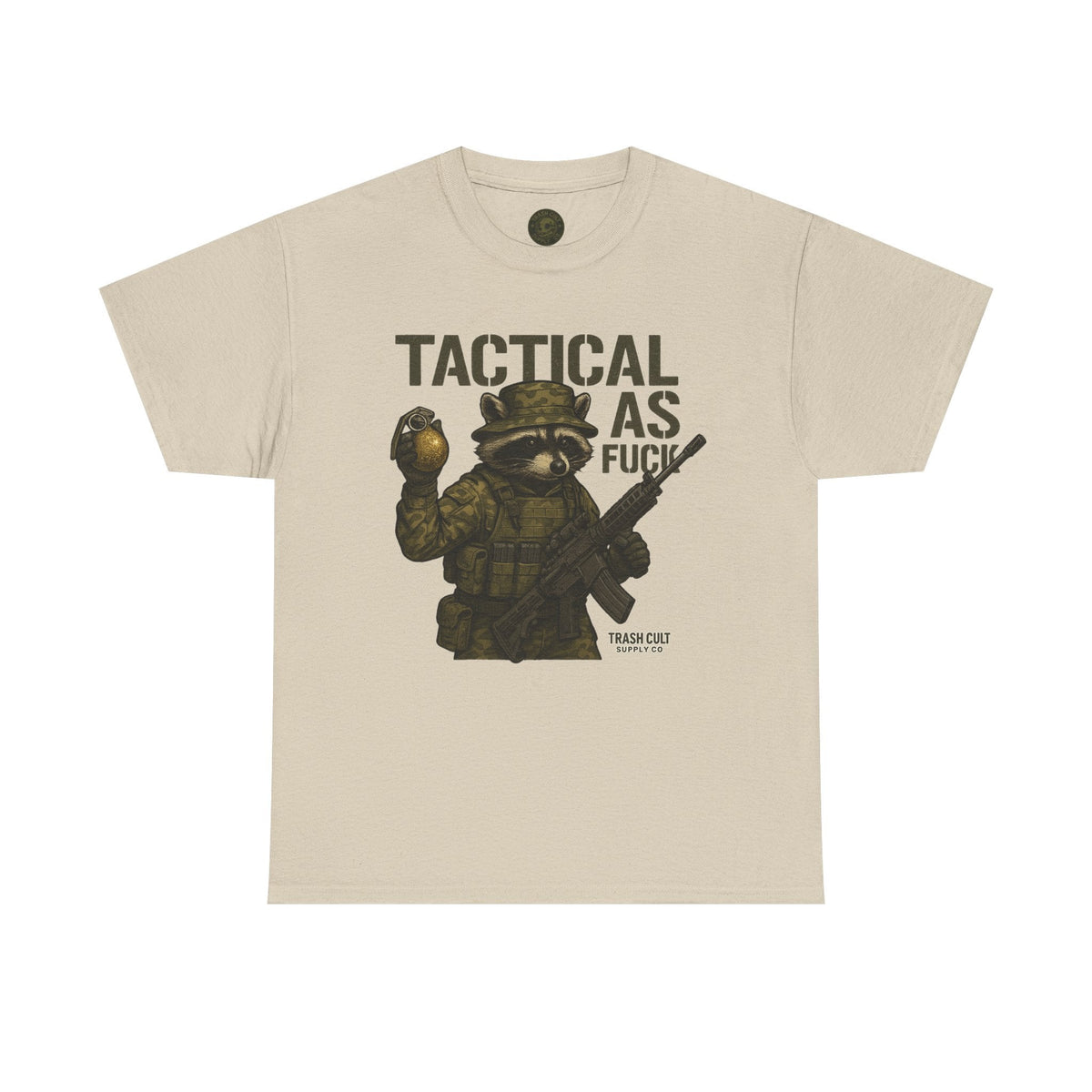 Tactical As F*** T-Shirt – Armed Raccoon Military Humor Tee | Trash Cult Supply Co. | Gildan 5000 Heavy Cotton