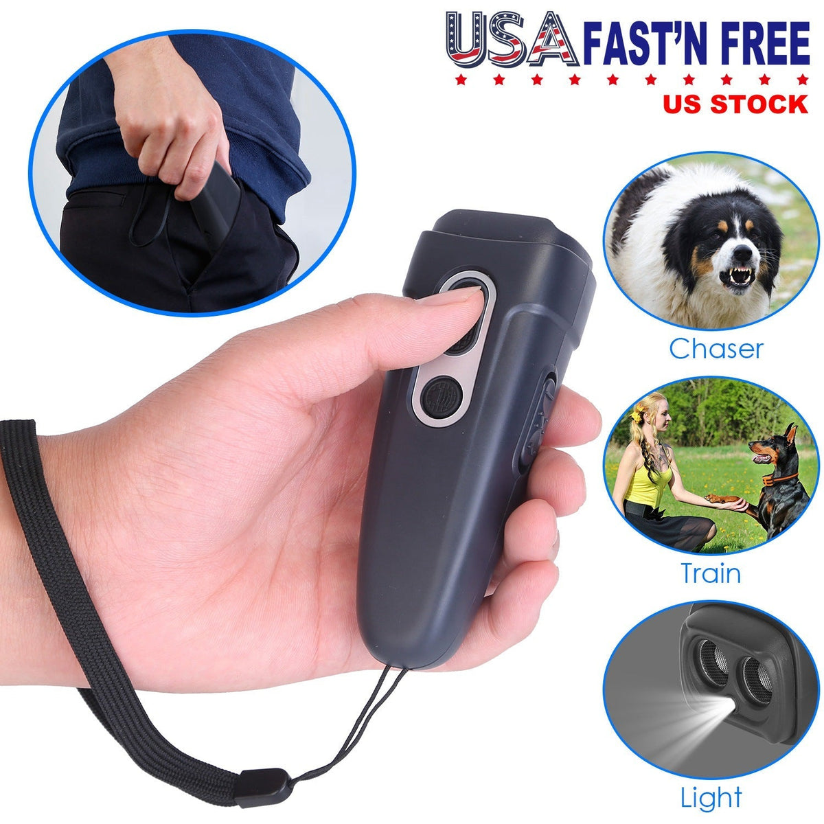 Ultrasonic Anti Barking Device Rechargeable Handheld Dog Barking Deterrent with 4 Modes LED Flashlight Dog Repeller