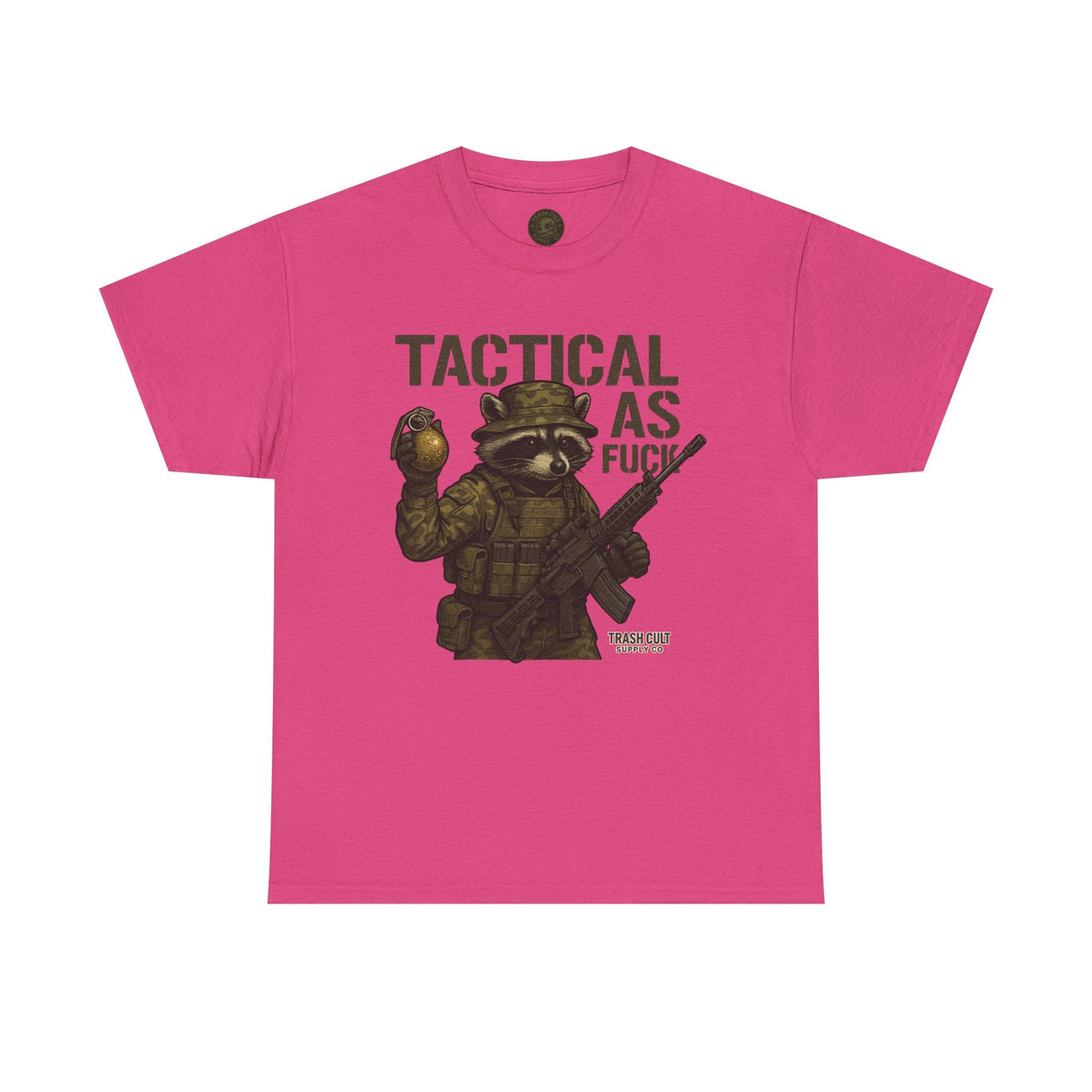 Tactical As F*** T-Shirt – Armed Raccoon Military Humor Tee | Trash Cult Supply Co. | Gildan 5000 Heavy Cotton