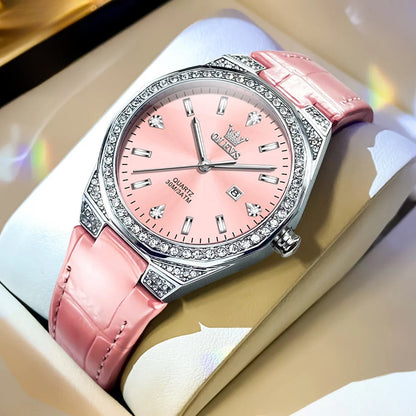 Women's Crystal Bezel Leather Date Watch