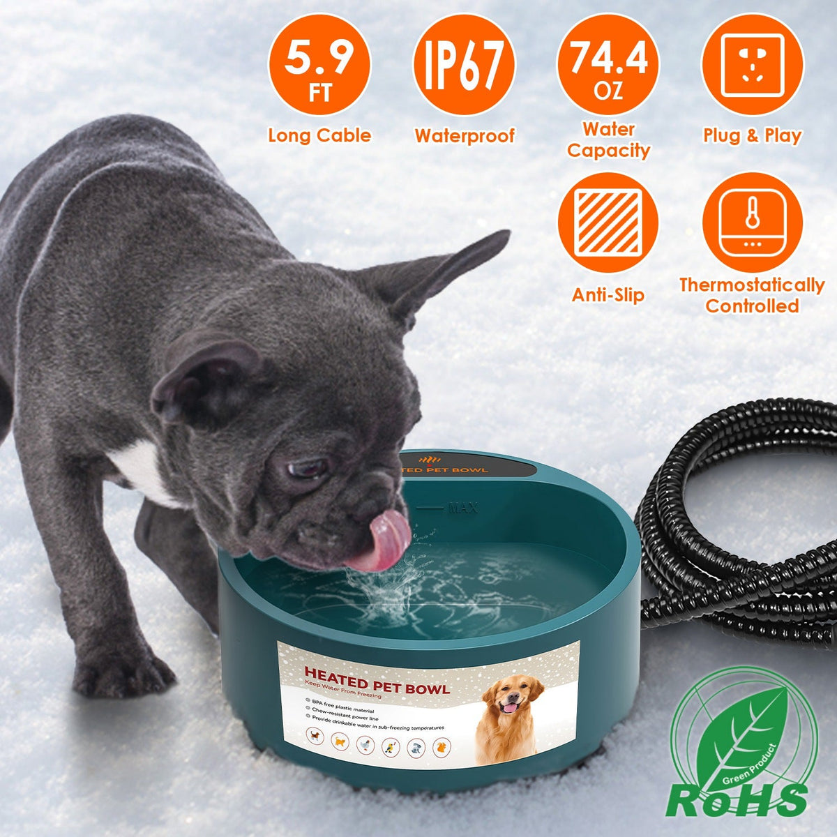 Heated Water Bowl for Dog Cat 74.4OZ Heating Water Dish IP67 Waterproof Thermal Water Bowl Heated Pet Bowl Dog Cat Water Feeder Bowl for Dog Cat Rabbi