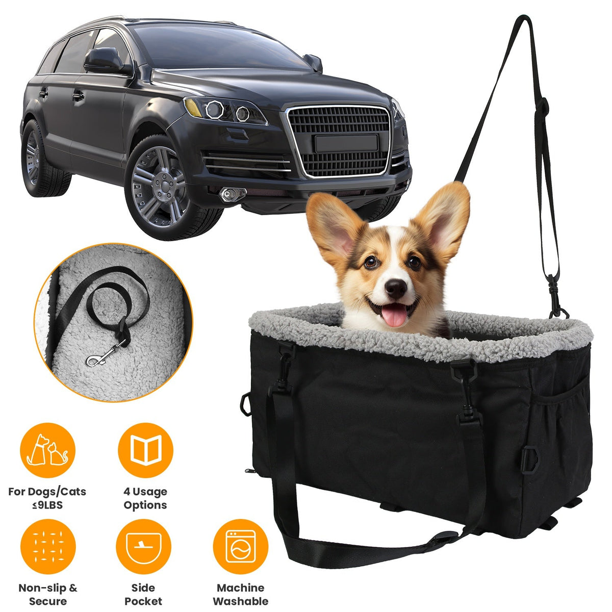 Small Dog Car Seat with Harness Center Console Pet Booster Seat Travel Car Seat with Side Pocket Cotton Velvet Cushion for Dogs Cats Up to 9LBS