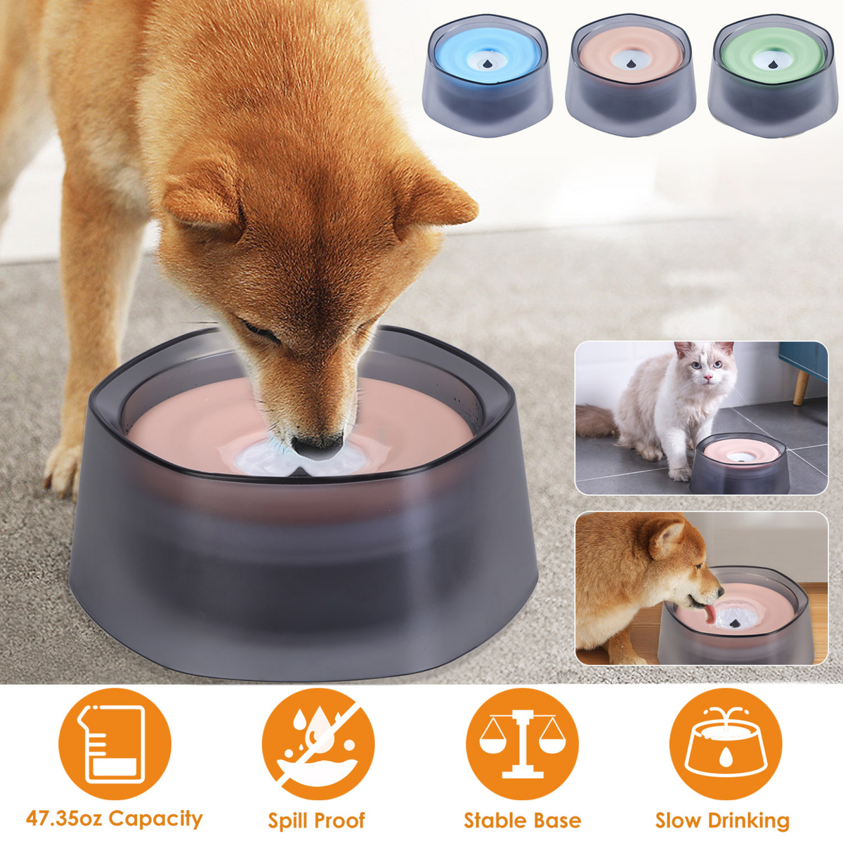 No Spill Dog Cat Water Bowl Spill Proof Slow Water Feeder 47.35oz Pet Water Dispenser Travel Dog Bowl for Dogs/Cats/Pets