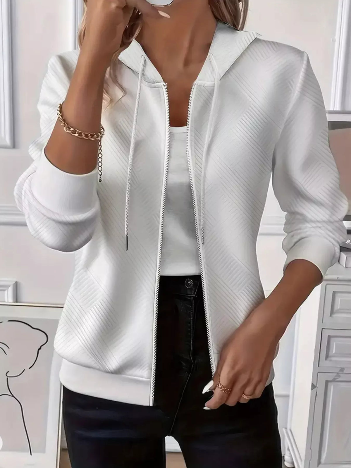 Texture Zip-Up Hoodie with Drawstring