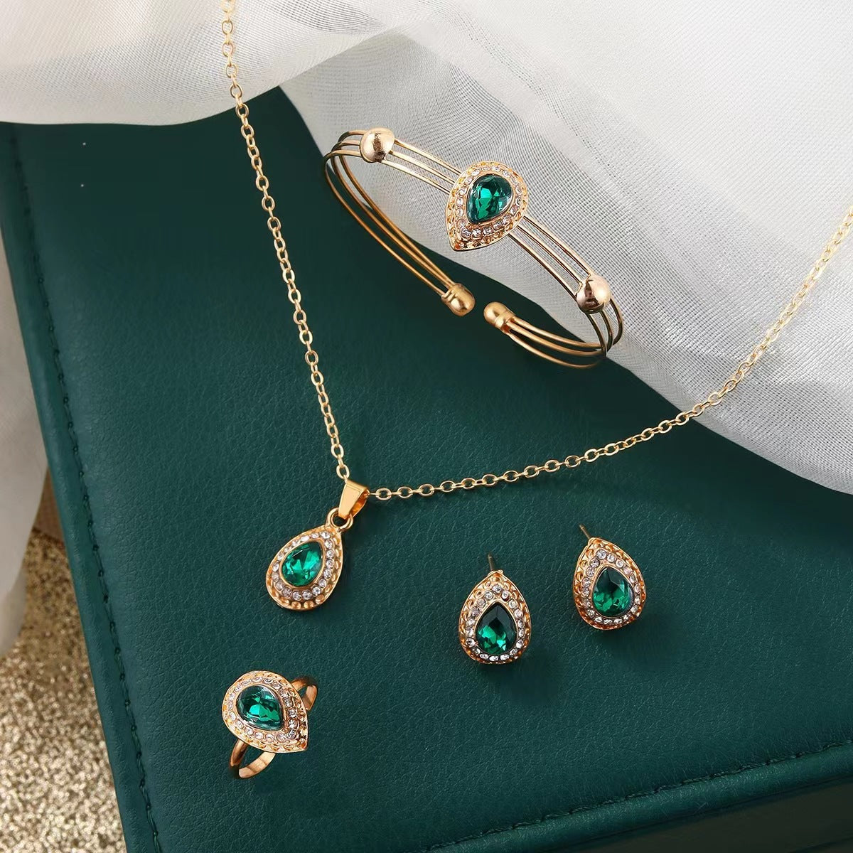 Jewelry Suit Women's Water Drop Gem Series Necklace Earring Ring Bracelet Four-piece Set