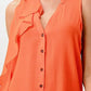 Silk Sleeveless Ruffle Blouse - Asymmetrical Button-Up Top in Orange & Blue | Femstylo