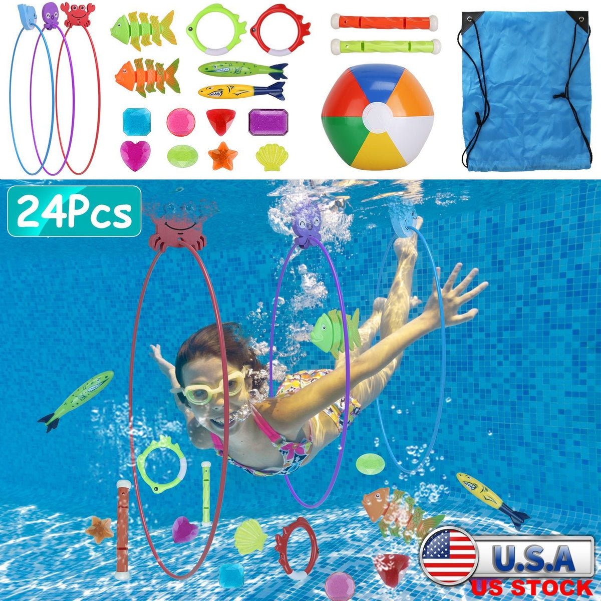 24Pcs Diving Toys Swimming Pool Toys Swim Toys for Kids Aged 3+ Years Old Swim Thru Rings Torpedoes Gems Volleyball Storage Bag