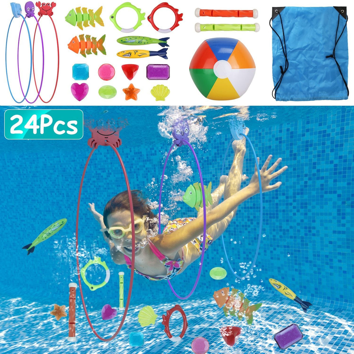 24Pcs Diving Toys Swimming Pool Toys Swim Toys for Kids Aged 3+ Years Old Swim Thru Rings Torpedoes Gems Volleyball Storage Bag