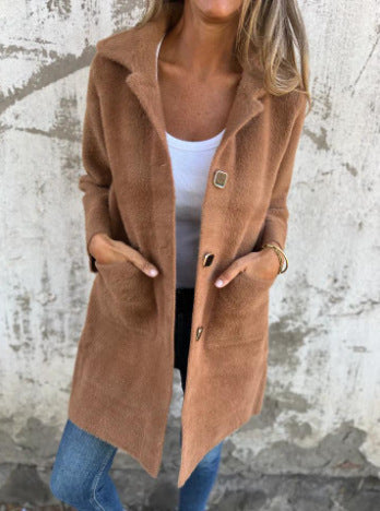 Single-breasted Polo Collar Pocket Mid-length Coat