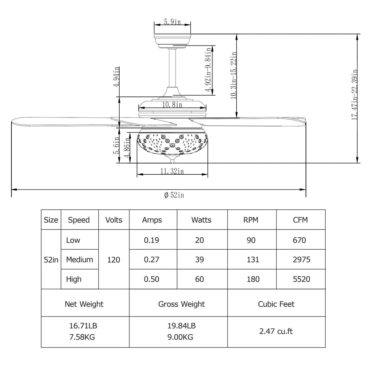 52 Inches Ceiling Fan with Remote Control