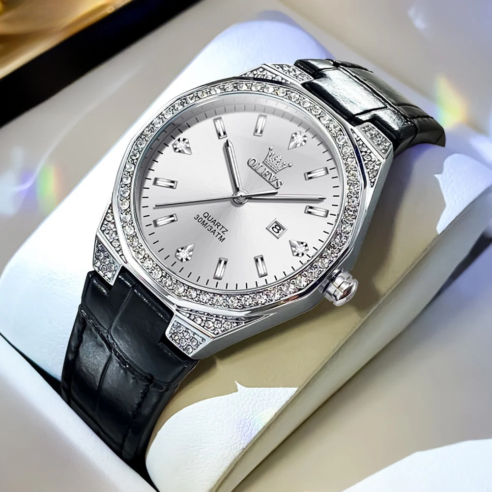Women's Crystal Bezel Leather Date Watch