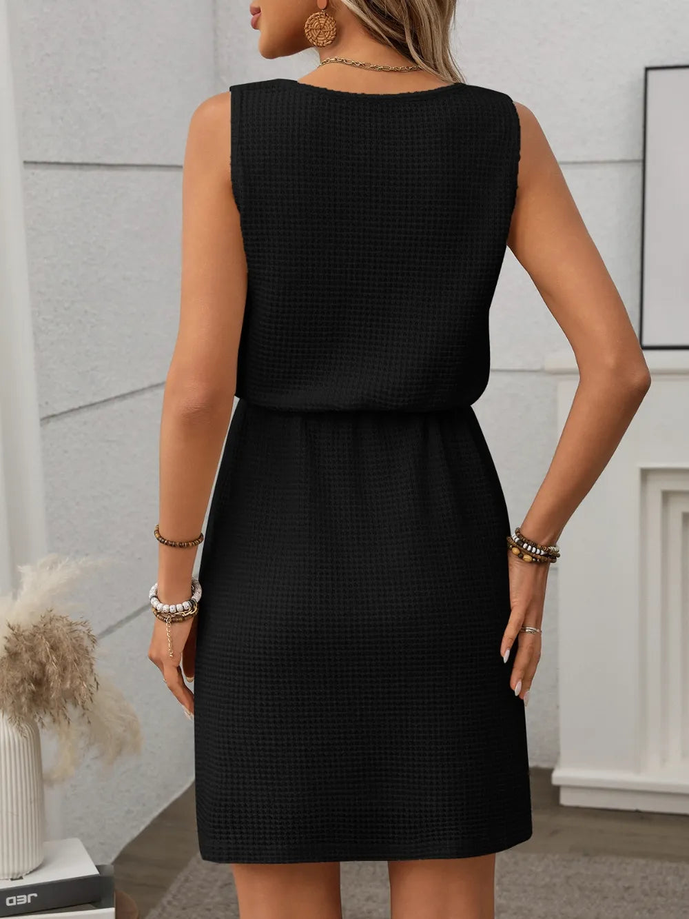 Breezy Waffle-Knit Drawstring Mini Tank Dress