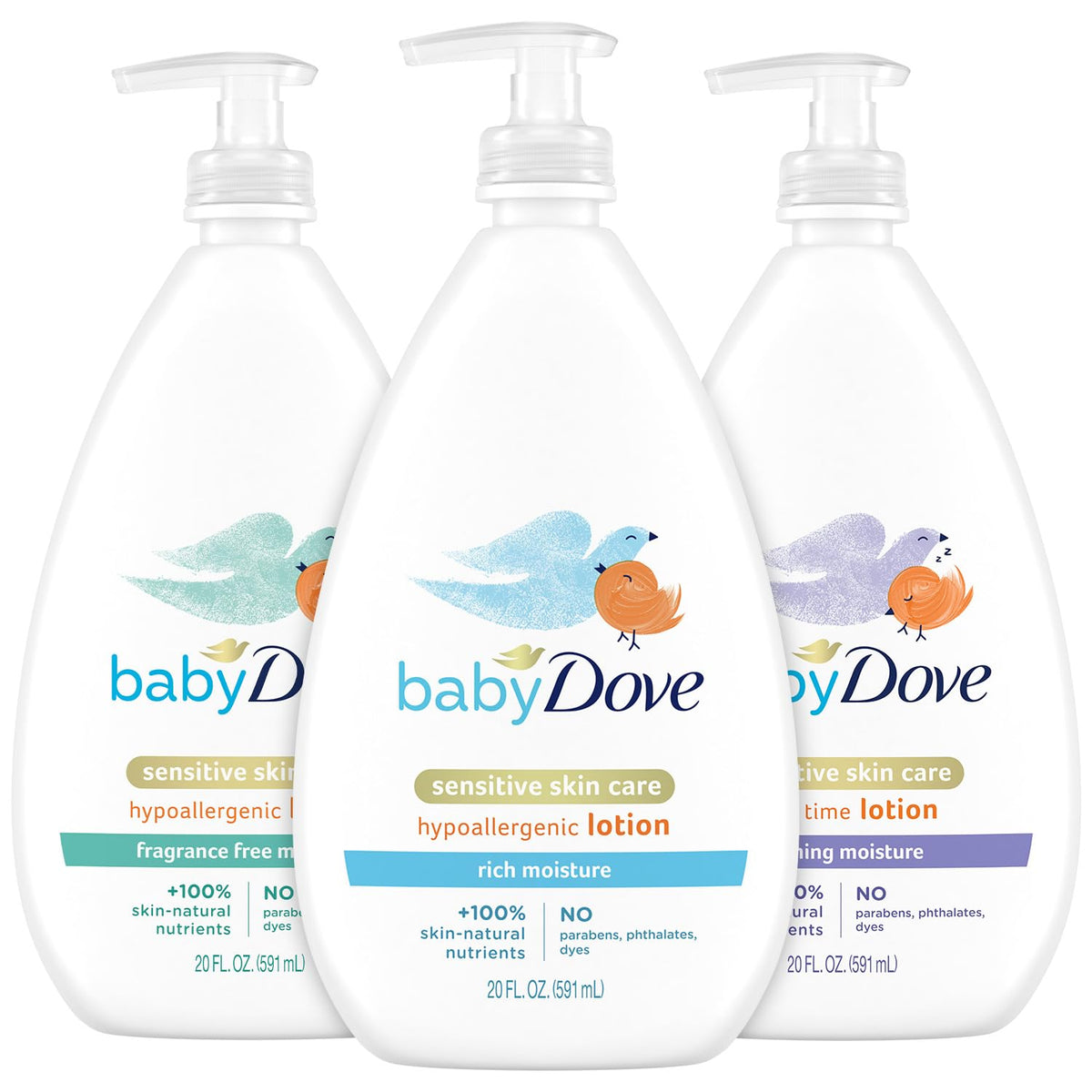 Dove Baby Lotion Bundle – Sensitive Skin Care Hypoallergenic Lotion Nourishing & Hydrating Baby Lotion for Newborn Rich Moisture Calming Moisture & Fragrance Free Moisture 20 Oz (3 Piece Set)